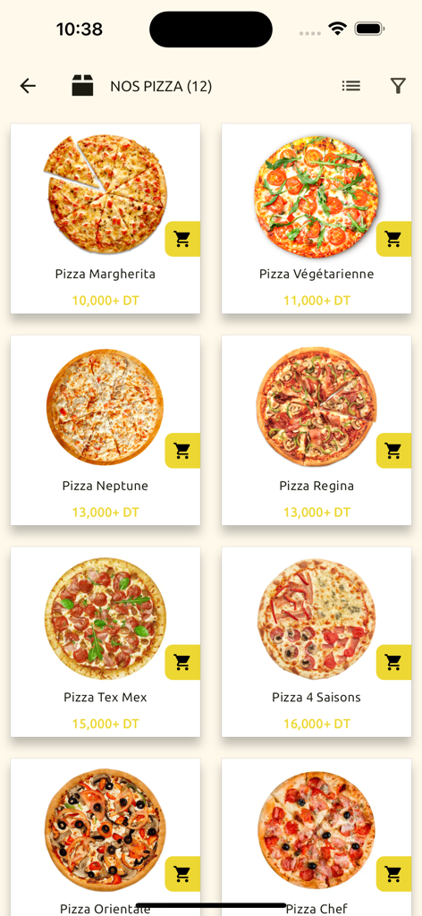 Fratello Fast Food - Digital pizza menu in the Fratello Fast Food mobile app showing various pizza options with prices and images.