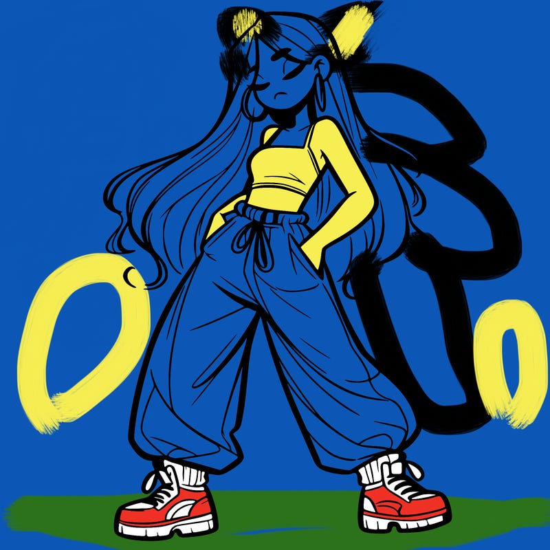 girl in baggy pants crop top and long hair