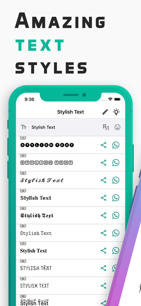 Mobile app screen showing various decorative text font styles like script, gothic, and circled letters for social media and gaming bios.