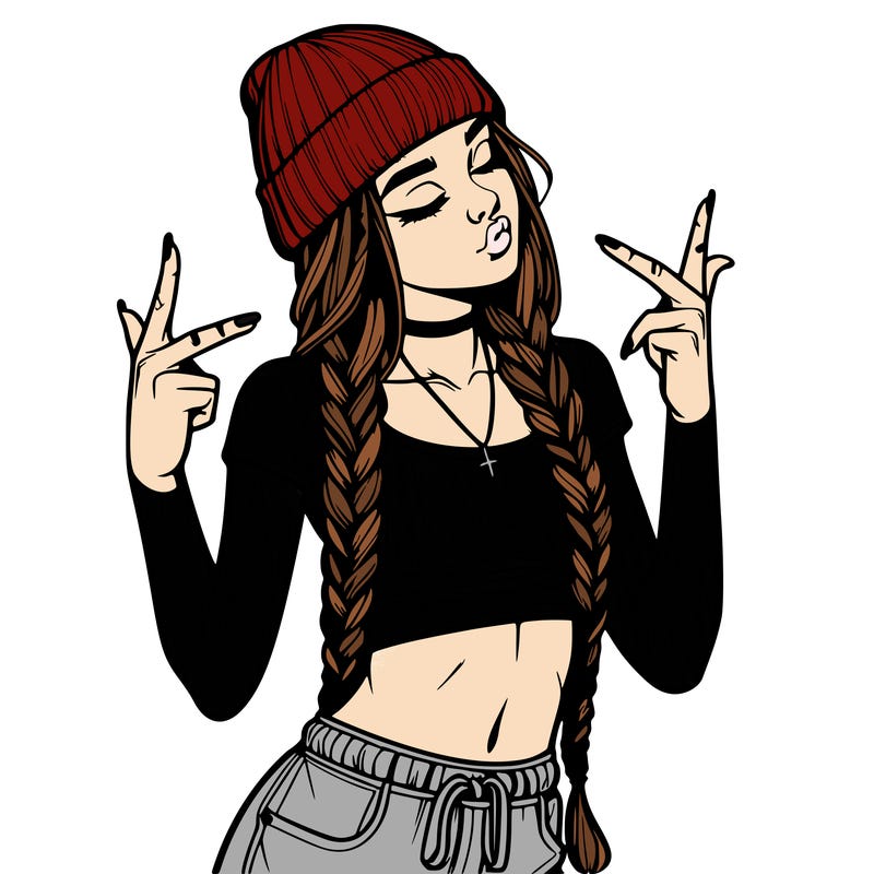 realistic teenage girl with braids and a beanie and crop top doing 🫶🏼