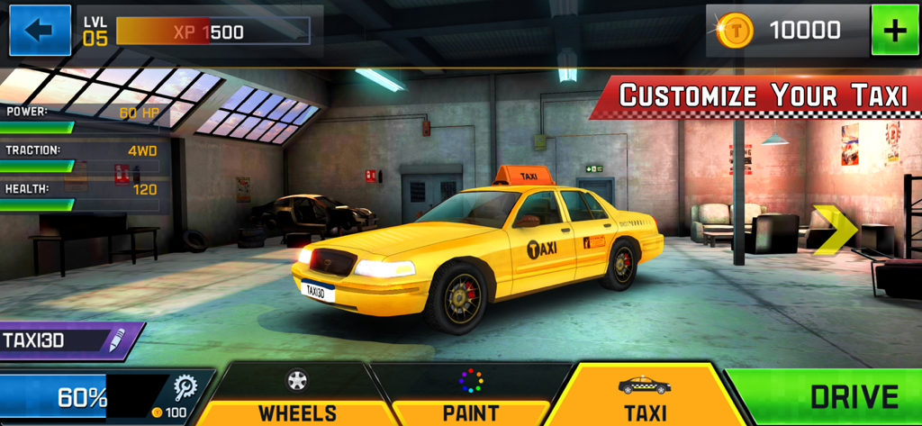 Taxi Driver 3D - Taxi amarillo en un garaje de personalización con opciones de mejora y estadísticas del juego