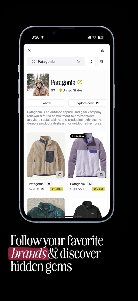 Beni app interface showing Patagonia brand page with secondhand clothing listings and price savings