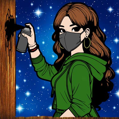 realistic girl with mask spray painting a wall