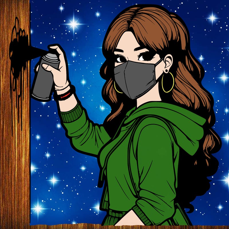 realistic girl with mask spray painting a wall