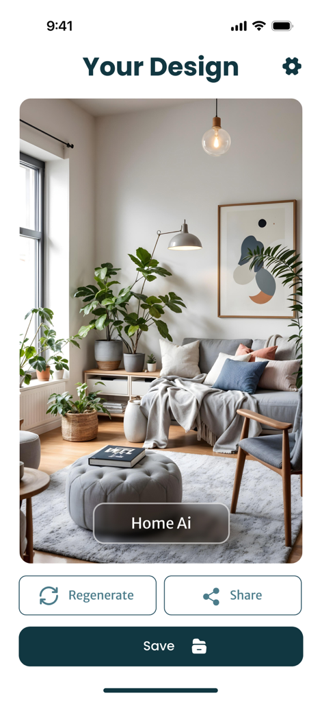 AI generated living room design showing modern furniture and indoor plants.