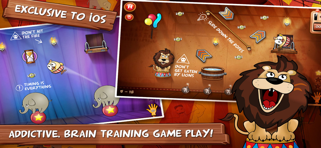 Drop The Chicken 2 The Circus - Gameplay screens of Drop The Chicken 2 The Circus showing physics-based puzzle levels with a circus theme.
