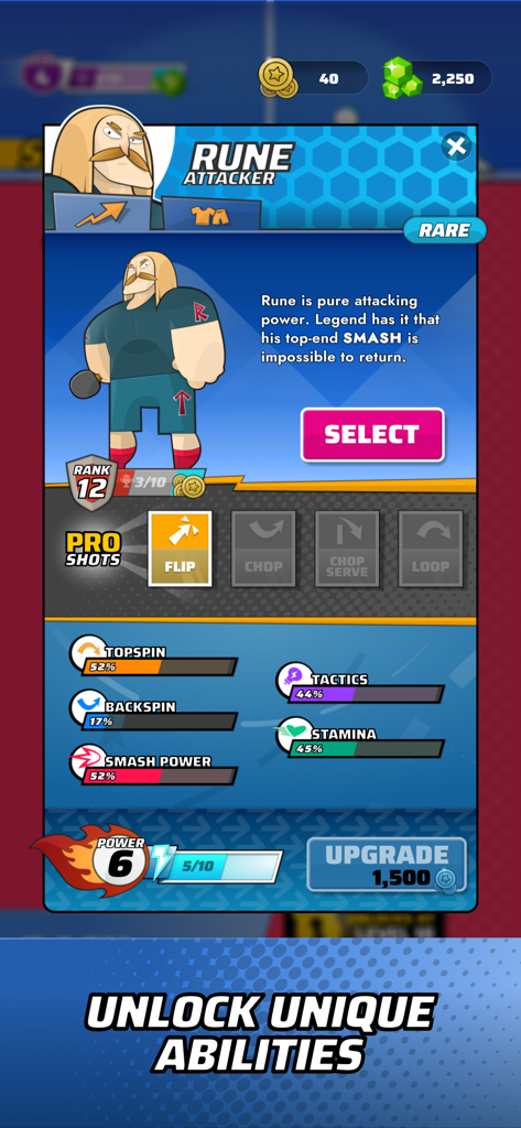 Ping Pong Squad - Character profile for Rune in Ping Pong Squad showing stats and unique abilities