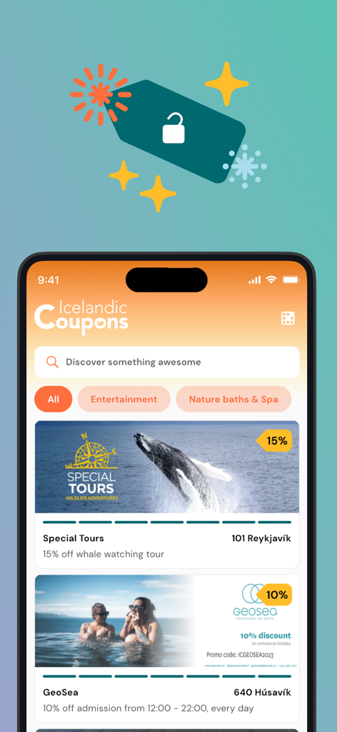 Écran de l'application Icelandic Coupons montrant des offres de réduction pour des excursions d'observation des baleines et des bains géothermiques.