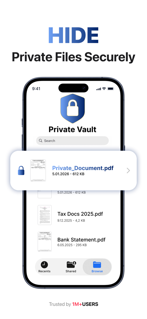Secret Photo Vault: Safe Files - 銀行明細書や税務書類などの機密文書を隠すための安全なプライベート保管庫を表示するモバイルアプリインターフェース