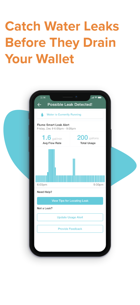 Flume Water - Flume Water app interface showing a possible leak detected alert with usage stats and graph
