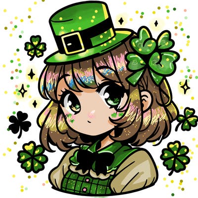 a manga-style girl with clovers around her, a little hat in her hair, like it's saint patrick's day
