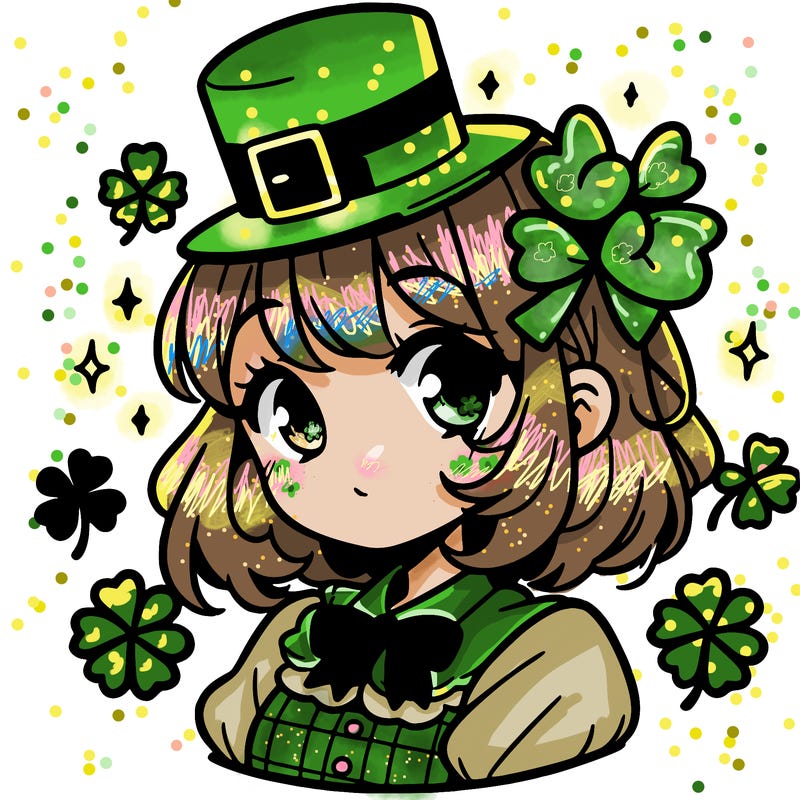 a manga-style girl with clovers around her, a little hat in her hair, like it's saint patrick's day