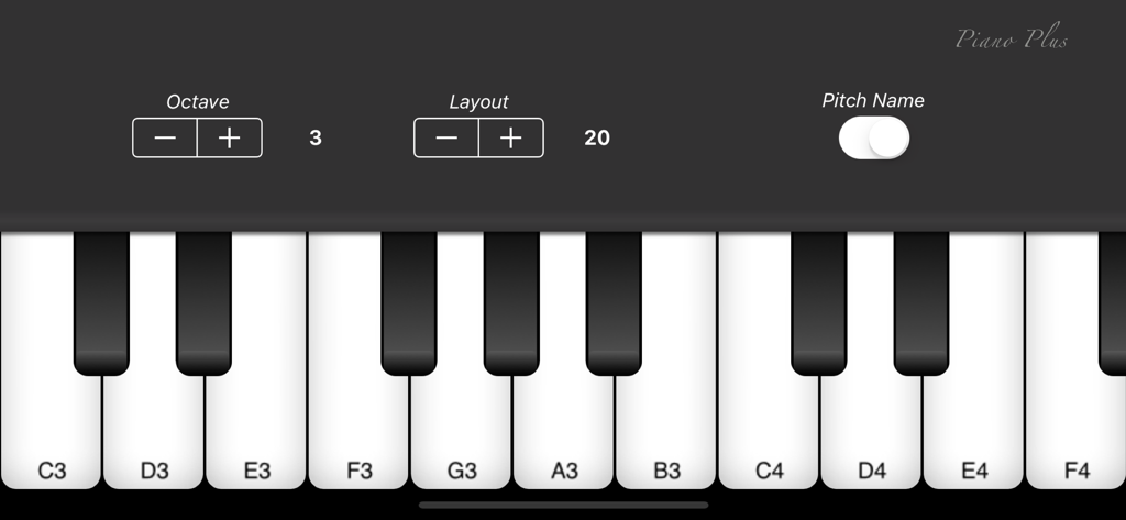 Interface of the piano app showing a keyboard with pitch labels and settings for octave and layout