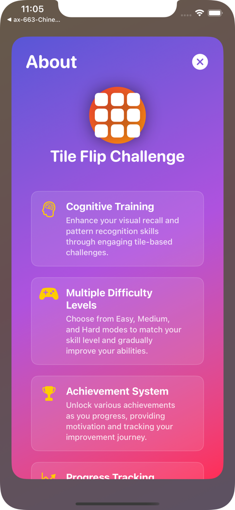 ChinstileFlipCle - About page for the Tile Flip Challenge brain training app showcasing key features like cognitive training and progress tracking