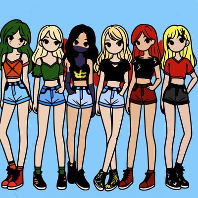 a group of girls wearing crop tops and shorts