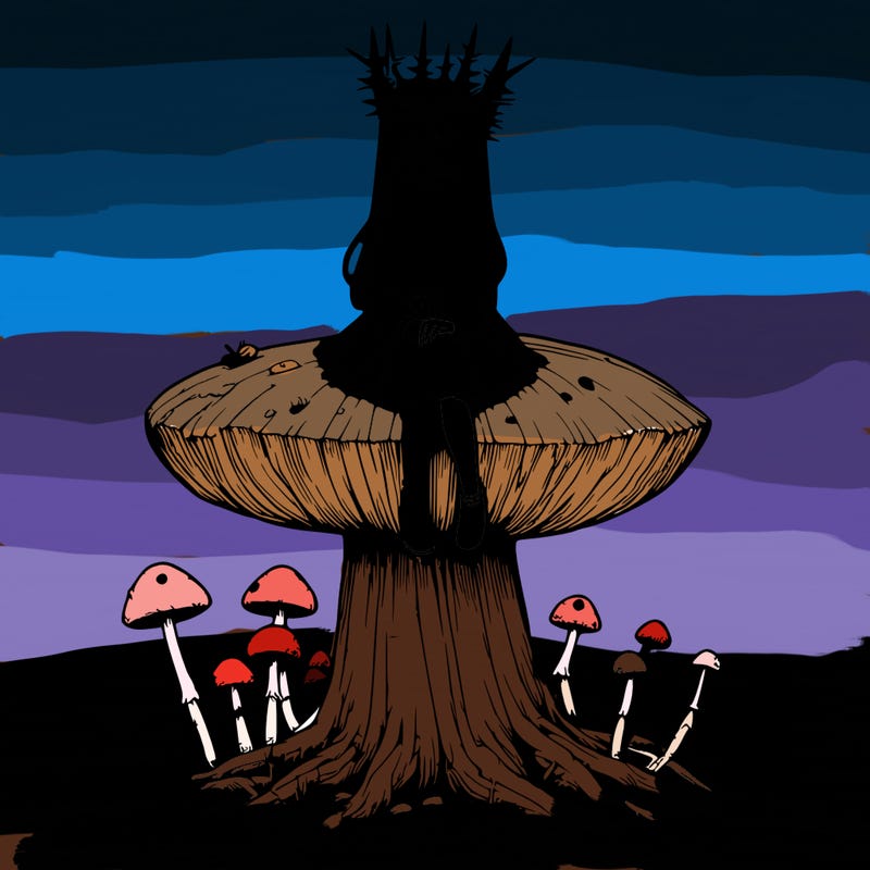 realistic girl sitting on a huge tree stump size toadstool with thorn crown