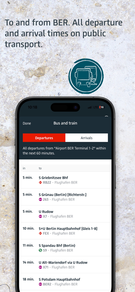 BER Airport App-Bildschirm mit Abfahrtszeiten von Bussen und Bahnen vom Terminal