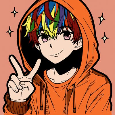 teenage manga boy in a hoodie, doing ✌