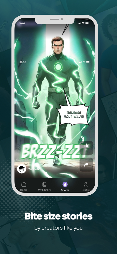 A smartphone displaying a superhero comic panel from the Dashtoon app with the tagline bite size stories by creators like you.