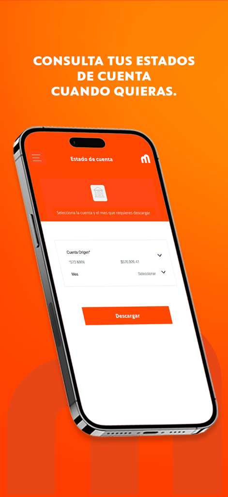 Multiva | Banca Digital Móvil - Pantalla de la aplicación móvil de Multiva que muestra la sección de descarga del estado de cuenta con opciones para seleccionar una cuenta y un mes