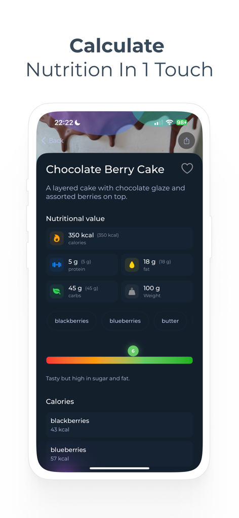 Calorie ai Food - カロリーAIアプリのインターフェース。チョコレートベリーケーキの栄養成分とマクロ栄養素が表示されています