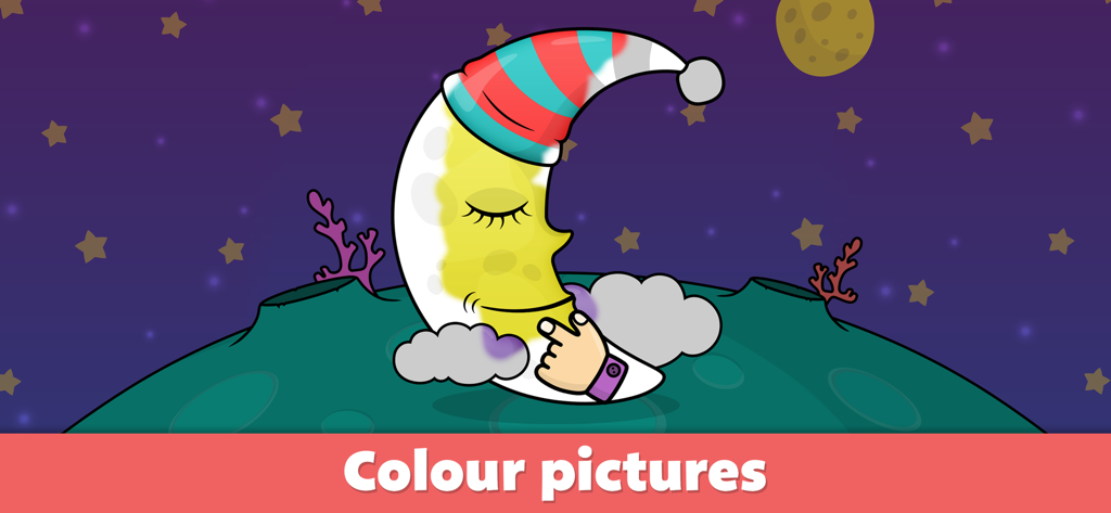 A cartoon crescent moon wearing a sleeping cap in a coloring game for toddlers