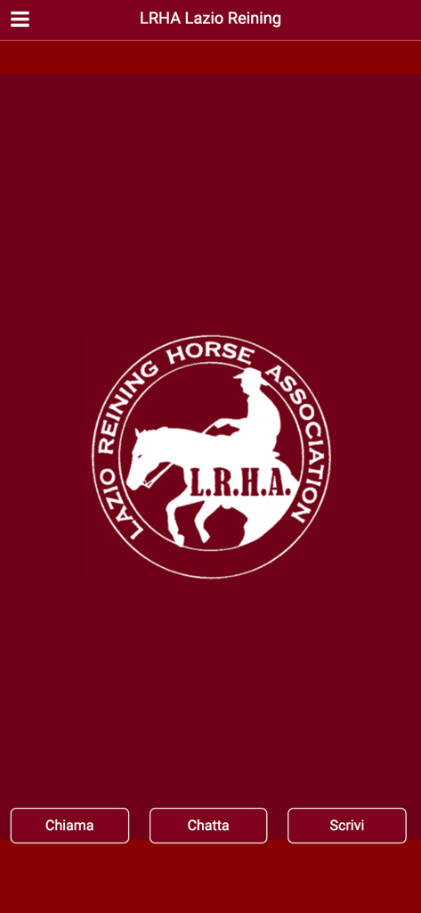 LRHA Lazio Reining - Home screen of the LRHA Lazio Reining app featuring the association logo and contact buttons