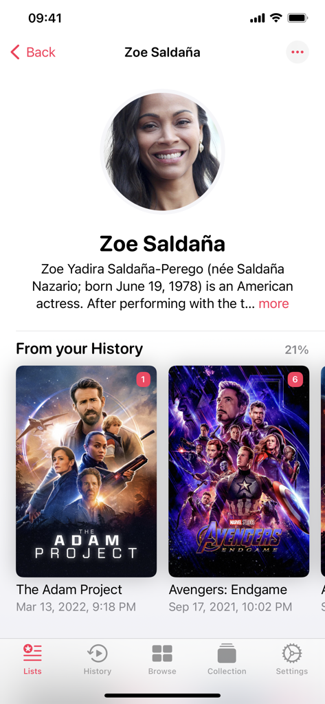 Popcorn Movies - Página de perfil del actor Zoe Saldana en la aplicación Popcorn Movies mostrando el historial de visualización personal