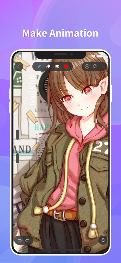 HiPaint- Sketch & Paint - Interface d'application mobile montrant une illustration d'anime avec le texte Make Animation.
