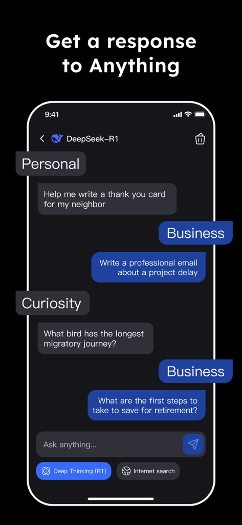 A mobile screen showing the NanoBlink AI chat interface with various text prompts for personal and business use
