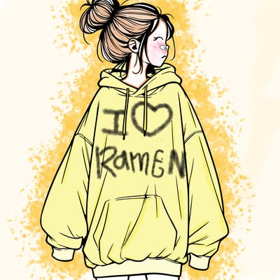 realistic girl with a oversized sweatshirt on and a bun