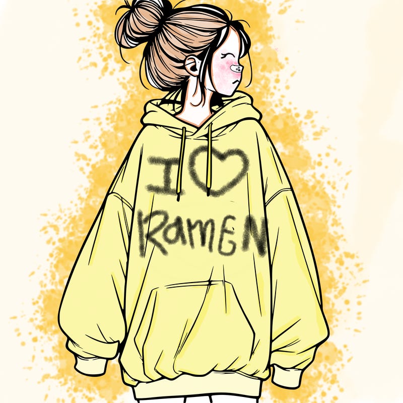 realistic girl with a oversized sweatshirt on and a bun