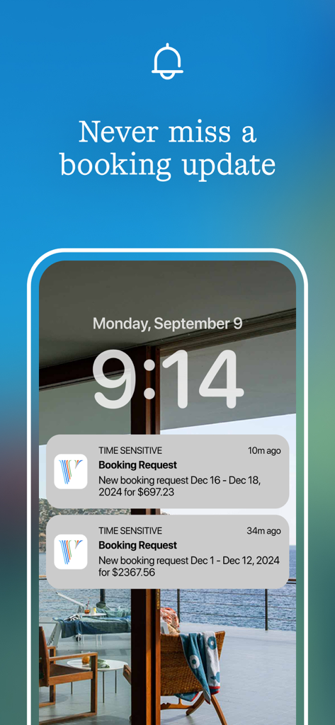 Vrbo Owner - A smartphone lock screen displaying push notifications for new booking requests from the Vrbo Owner app.