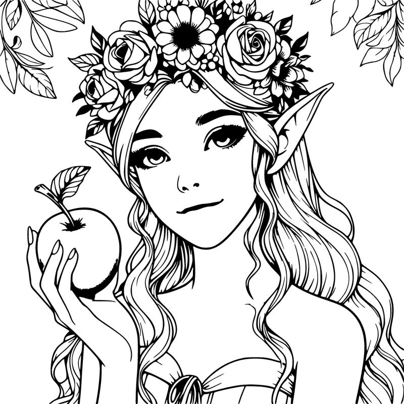 a realistic elf girl and a flower crown and with a magical fruit in her hand