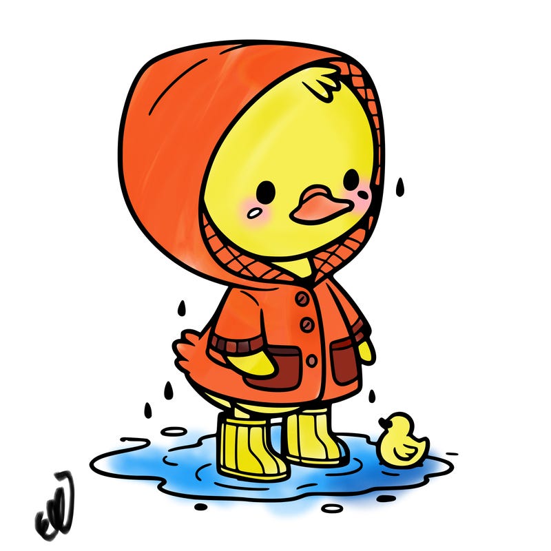 baby duck in a rain coat and boots, in a puddle while it’s raining