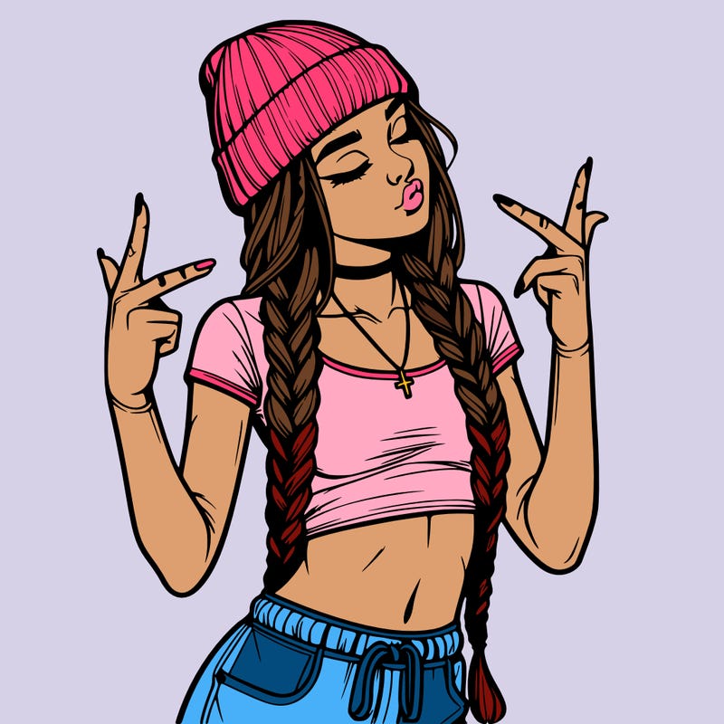 realistic teenage girl with braids and a beanie and crop top doing 🫶🏼