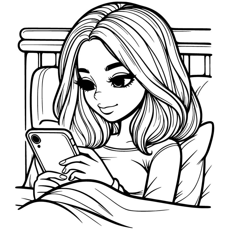 realistic girl looking at her phone in bed