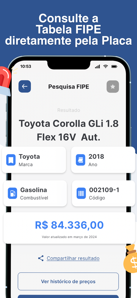 Mobile app screen showing the FIPE table price for a 2018 Toyota Corolla in the Brazilian market