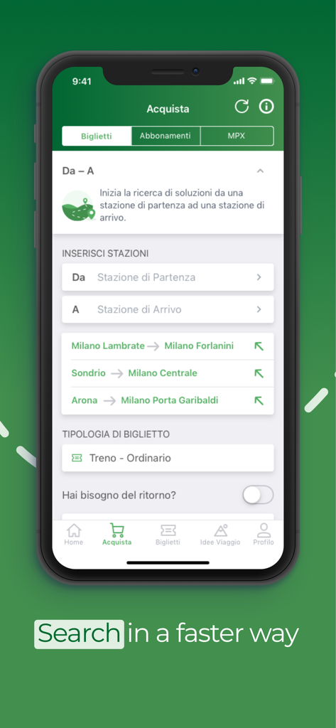 Trenord mobile app interface for searching and purchasing train tickets in Lombardy Italy