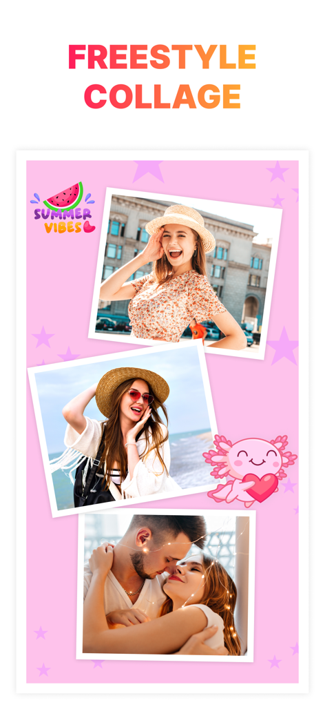 Pic Collage Maker: Photo Frame - A pink freestyle photo collage with summer and heart stickers featuring portraits of a woman and a couple