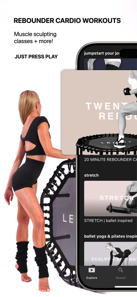 A woman in fitness attire standing next to a mini trampoline and a mobile screen showing the LEKFIT workout app