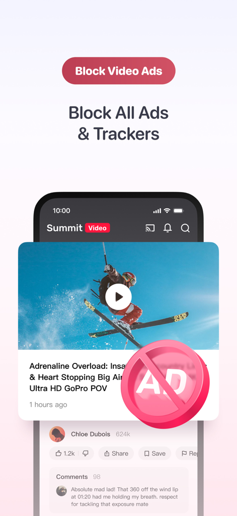 Quetta - Video&Adblock Browser - Schermata dello smartphone che mostra la funzionalità del browser Quetta per bloccare annunci video e tracker