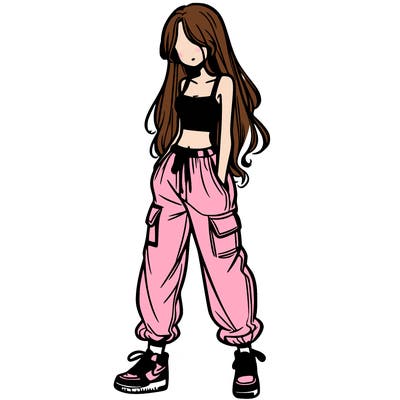 girl in baggy pants crop top and long hair