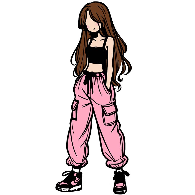girl in baggy pants crop top and long hair