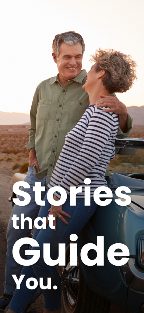 Shaka Guide | GPS Audio Tours - A middle aged couple leaning against a car during a scenic road trip with the text Stories that Guide You