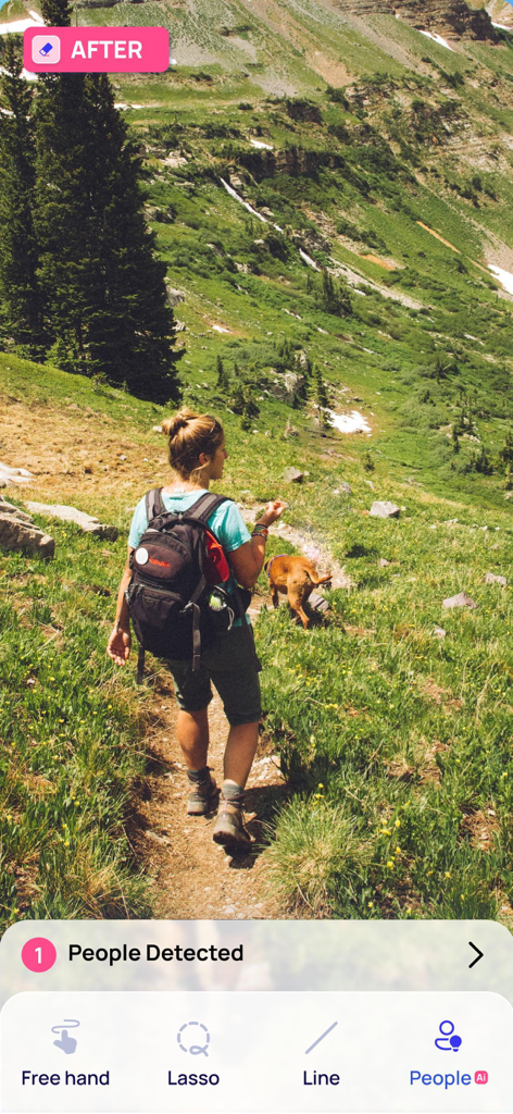 Photo Eraser - Remove Objects - Screenshot der Photo Eraser App, der eine Frau auf einem Wanderweg zeigt, mit einem KI-Werkzeug, das Personen zur Entfernung erkennt.