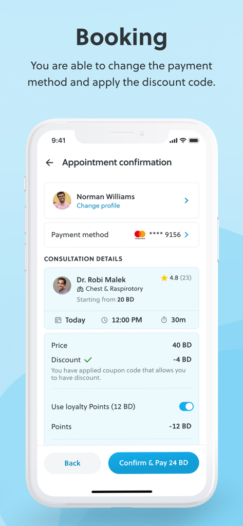 Appointment confirmation screen in the Doctori app showing doctor details and payment summary