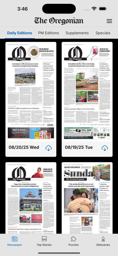 The Oregonian News - Daily editions screen of The Oregonian News app showing digital newspaper replicas.