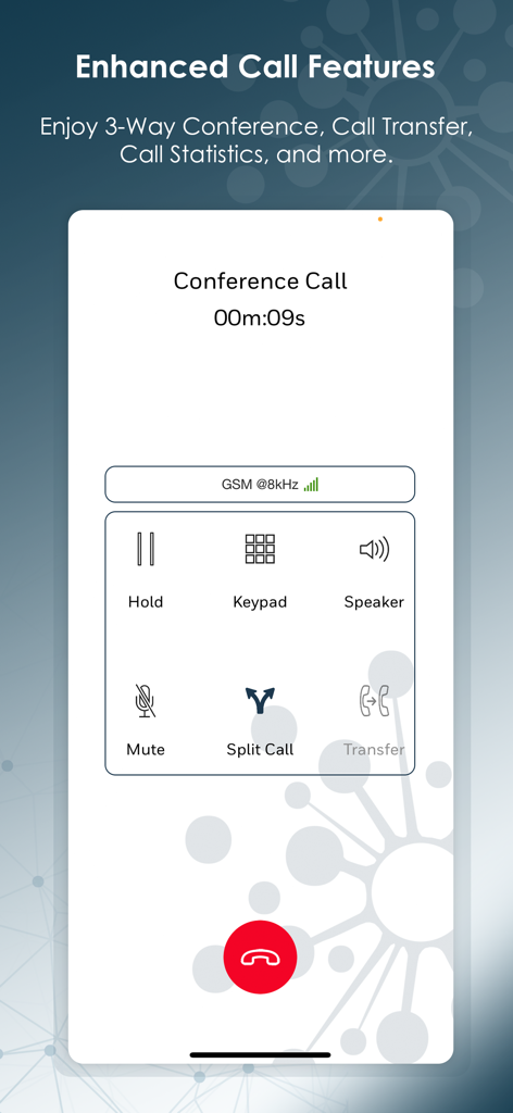 Skylar Enterprise - Interface of the Skylar Enterprise softphone app showing advanced call management features like conference call and split call