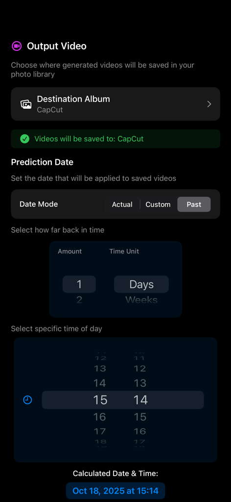OmniReveal - OmniReveal app interface showing settings for video destination album and prediction date configuration for magic effects.